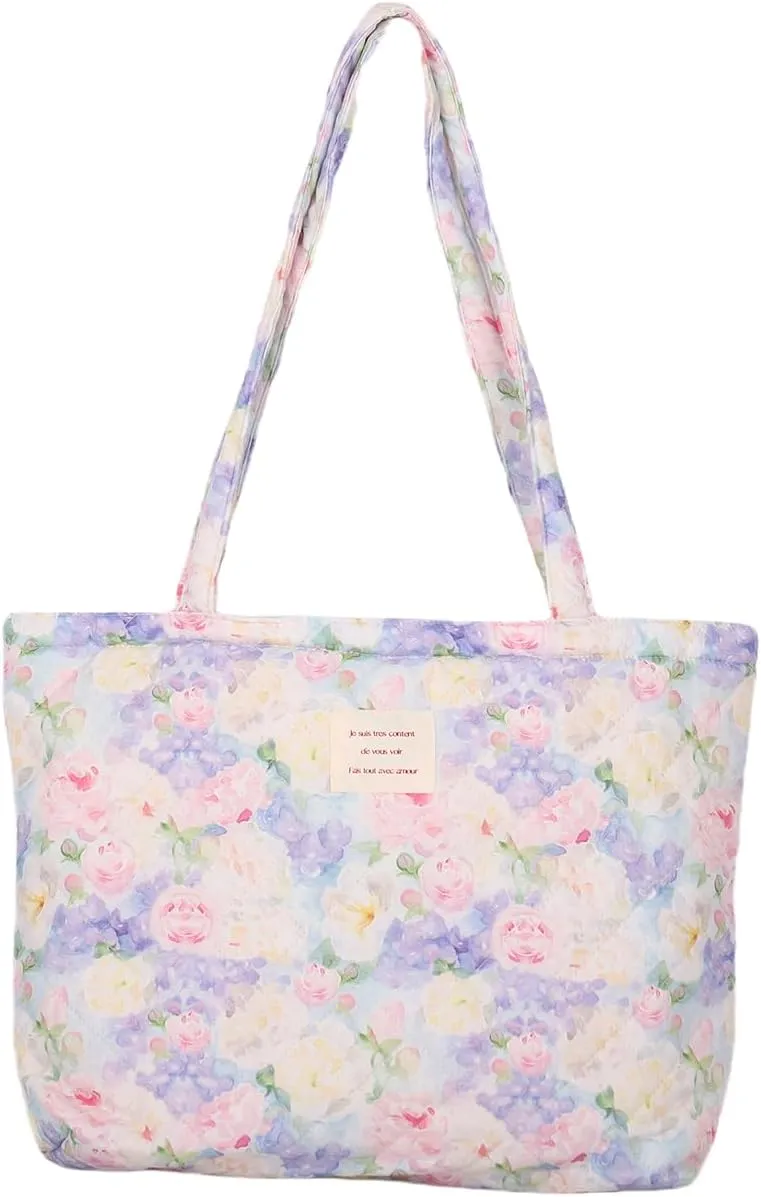 Floral Quilted Cotton Shoulder Bag for Women Daily Use Medium Size Handbag Large Capacity Thickened Design Tote