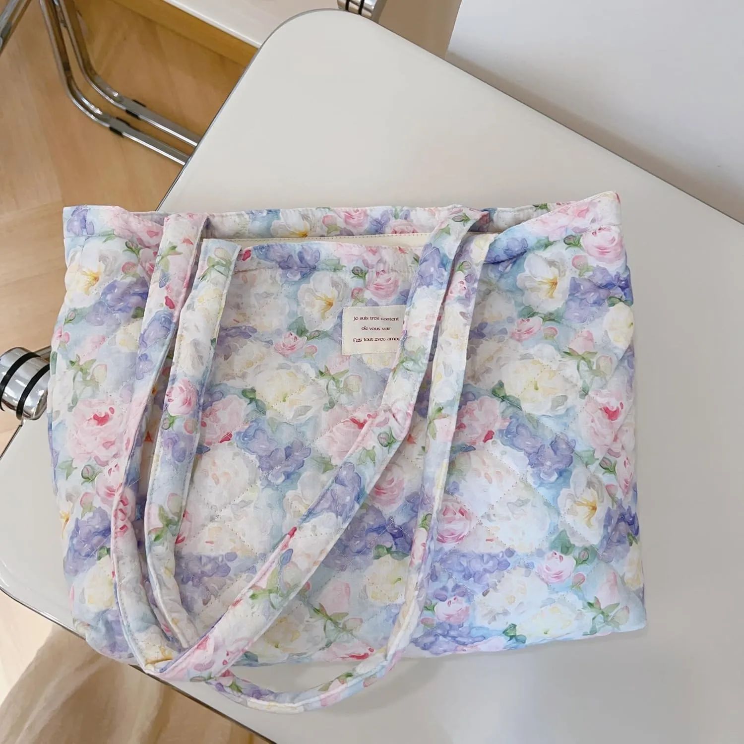 Floral Quilted Cotton Shoulder Bag for Women Daily Use Medium Size Handbag Large Capacity Thickened Design Tote