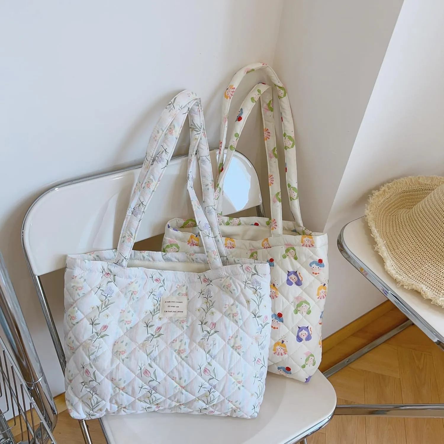 Floral Quilted Cotton Shoulder Bag for Women Daily Use Medium Size Handbag Large Capacity Thickened Design Tote