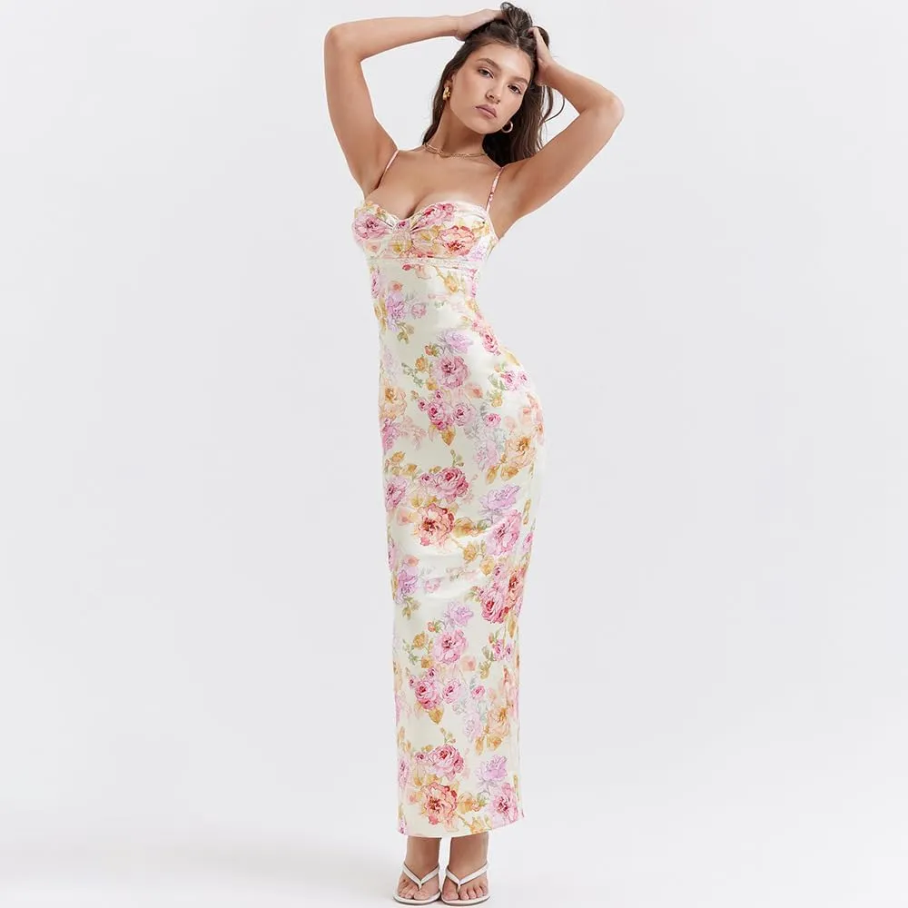 Floral Satin Dress - Satin Bodycon Maxi Dress - Wedding Guest & Formal Sundress