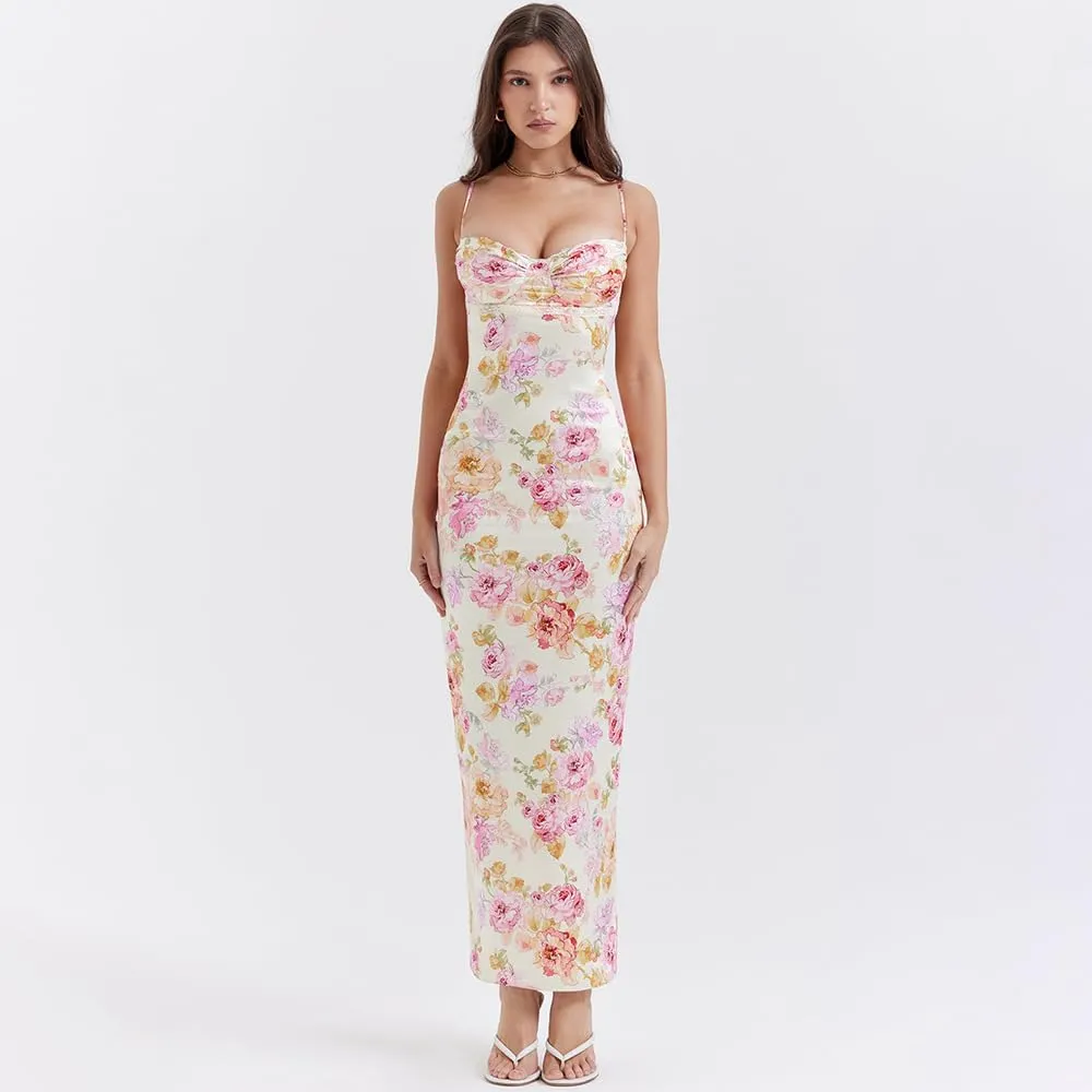 Floral Satin Dress - Satin Bodycon Maxi Dress - Wedding Guest & Formal Sundress