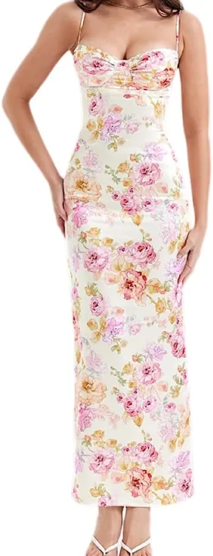 Floral Satin Dress - Satin Bodycon Maxi Dress - Wedding Guest & Formal Sundress