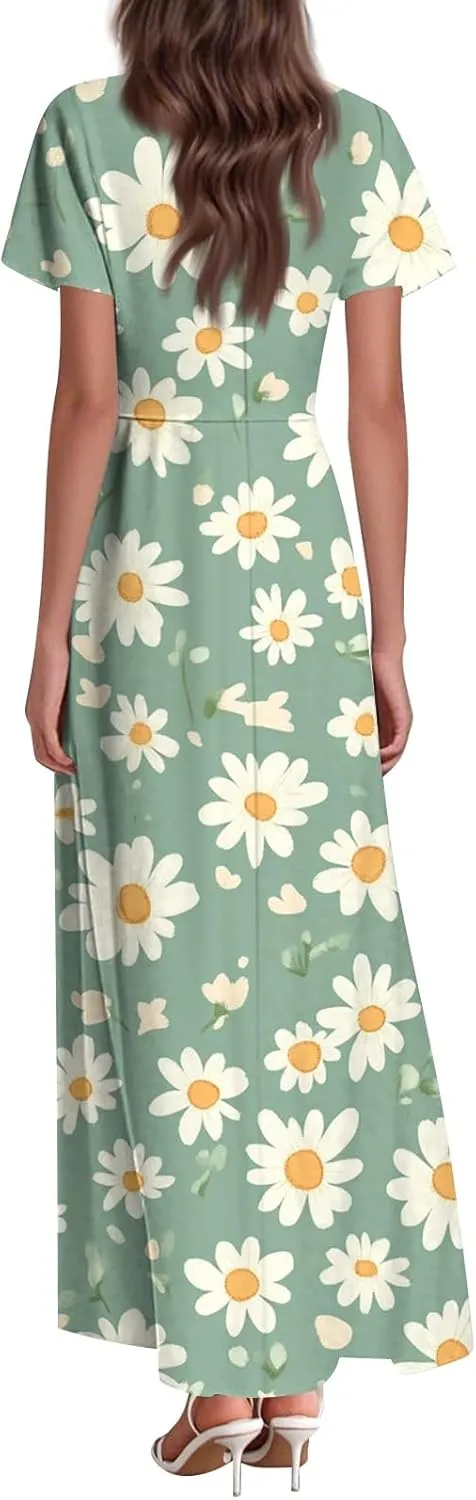 Floral Wedding Guest Dresses for Women Casual Boho V-Neck Ruffle Short Sleeve Aline Swing Long Dress,XS-2XL