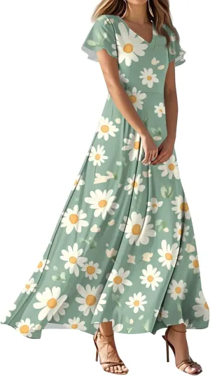 Floral Wedding Guest Dresses for Women Casual Boho V-Neck Ruffle Short Sleeve Aline Swing Long Dress,XS-2XL