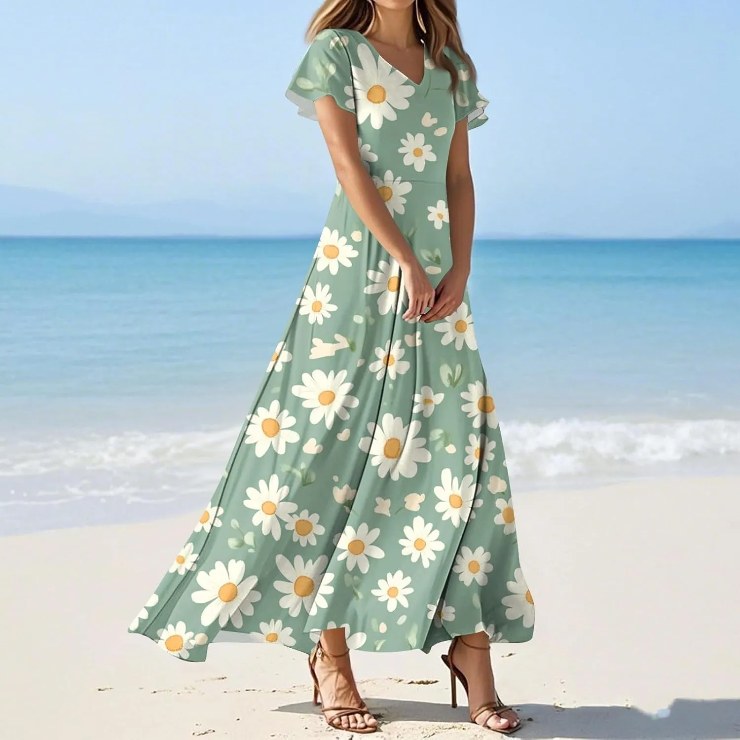 Floral Wedding Guest Dresses for Women Casual Boho V-Neck Ruffle Short Sleeve Aline Swing Long Dress,XS-2XL