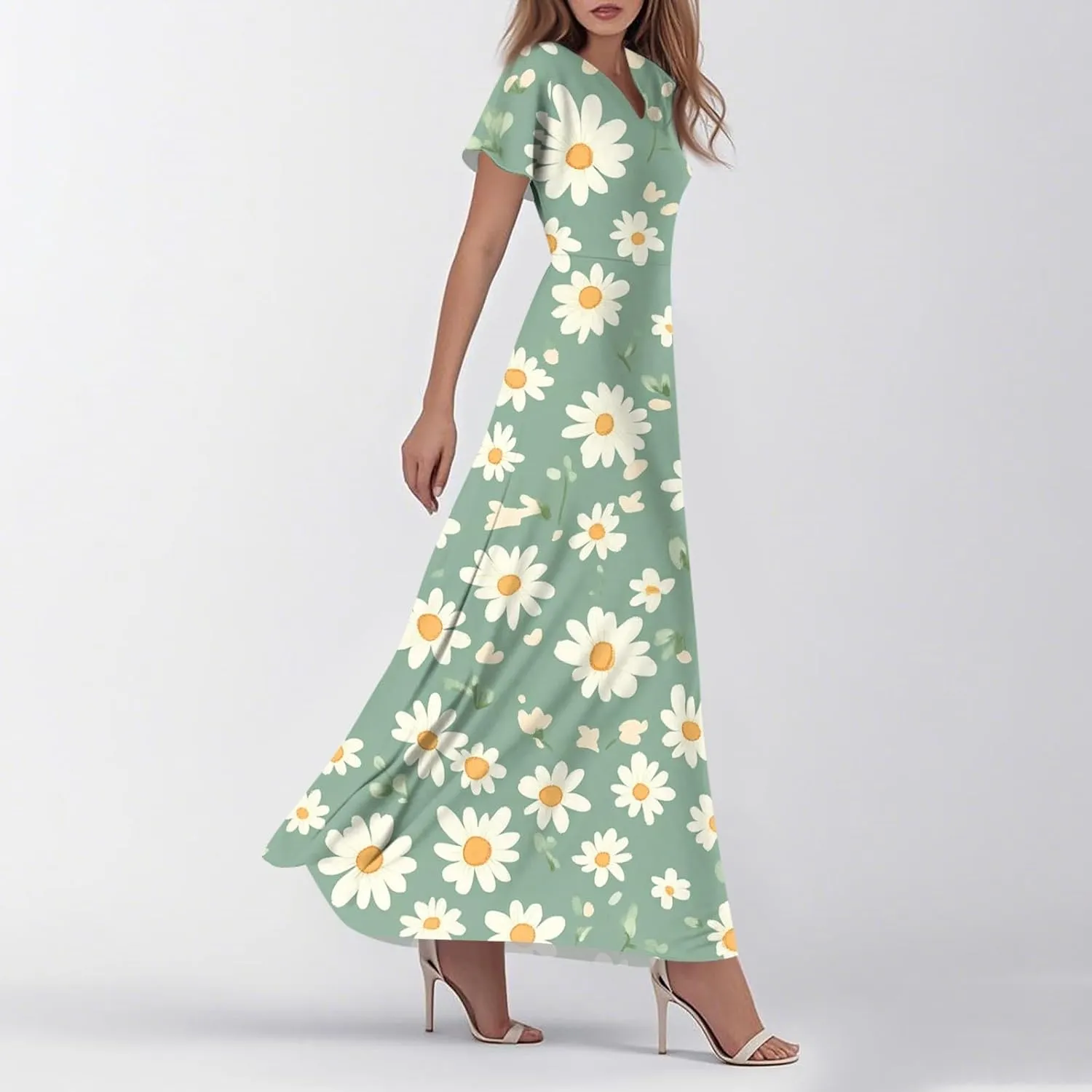 Floral Wedding Guest Dresses for Women Casual Boho V-Neck Ruffle Short Sleeve Aline Swing Long Dress,XS-2XL