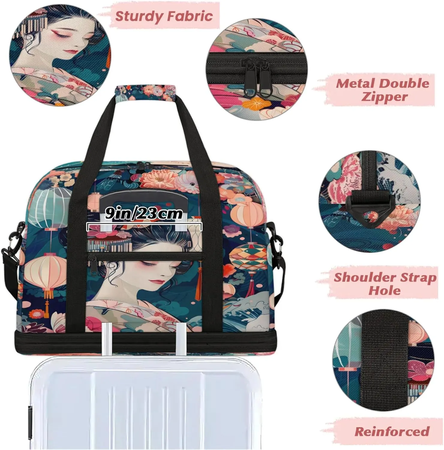 Flower Beautiful Woman Japan Travel Duffel Bags for Women & Men Large Sports Gym Bags Foldie Weekender Overnight Bag Carry On Tote Bag With Shoe Compartment Personal Item Luggage for Travel Sports Gym