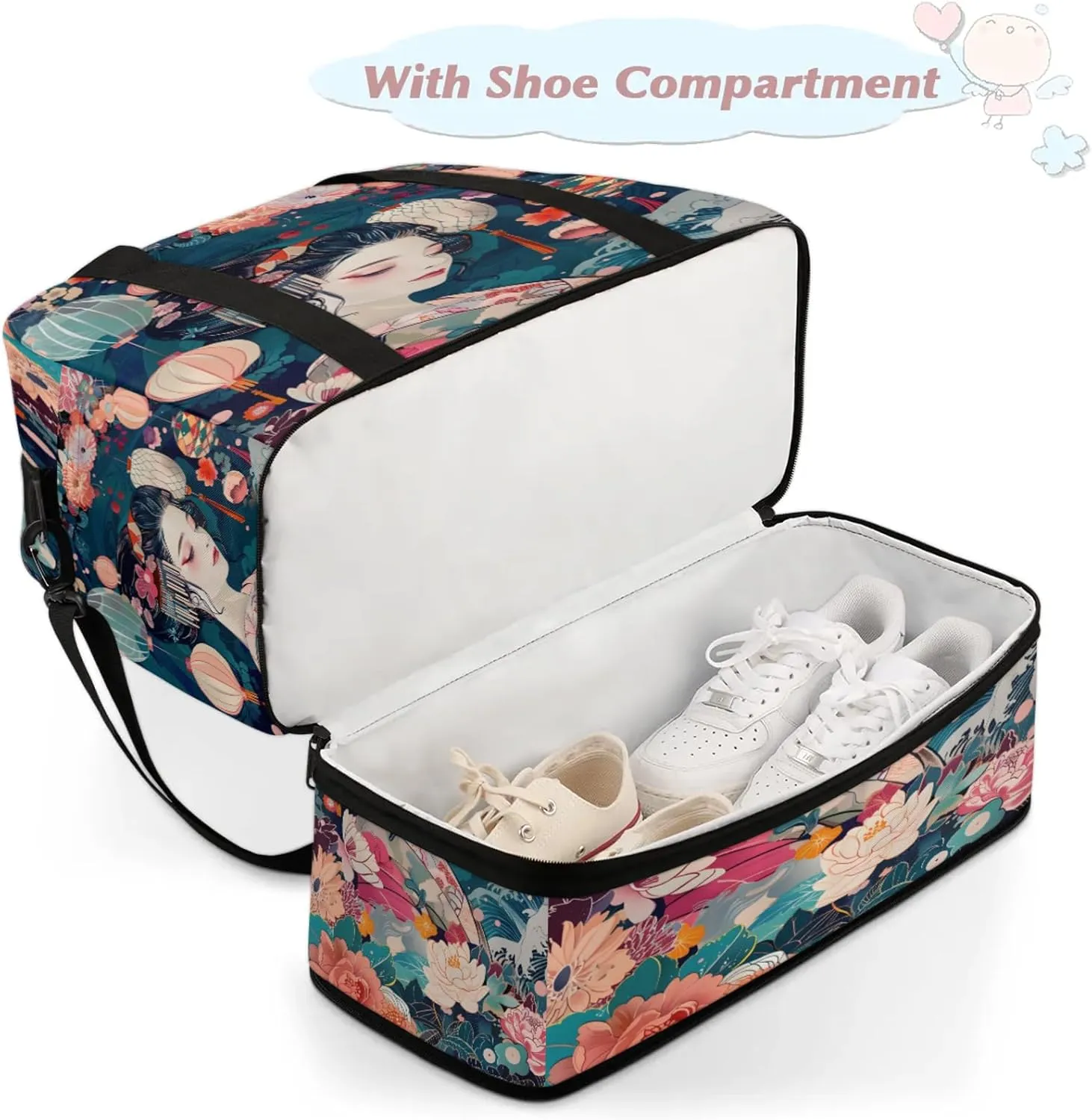 Flower Beautiful Woman Japan Travel Duffel Bags for Women & Men Large Sports Gym Bags Foldie Weekender Overnight Bag Carry On Tote Bag With Shoe Compartment Personal Item Luggage for Travel Sports Gym