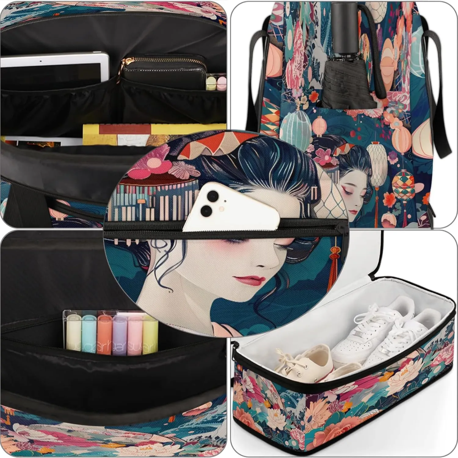 Flower Beautiful Woman Japan Travel Duffel Bags for Women & Men Large Sports Gym Bags Foldie Weekender Overnight Bag Carry On Tote Bag With Shoe Compartment Personal Item Luggage for Travel Sports Gym