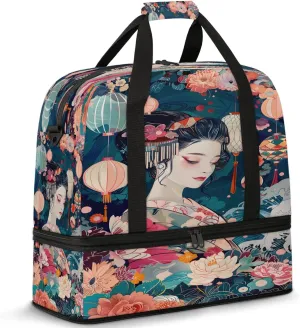 Flower Beautiful Woman Japan Travel Duffel Bags for Women & Men Large Sports Gym Bags Foldie Weekender Overnight Bag Carry On Tote Bag With Shoe Compartment Personal Item Luggage for Travel Sports Gym