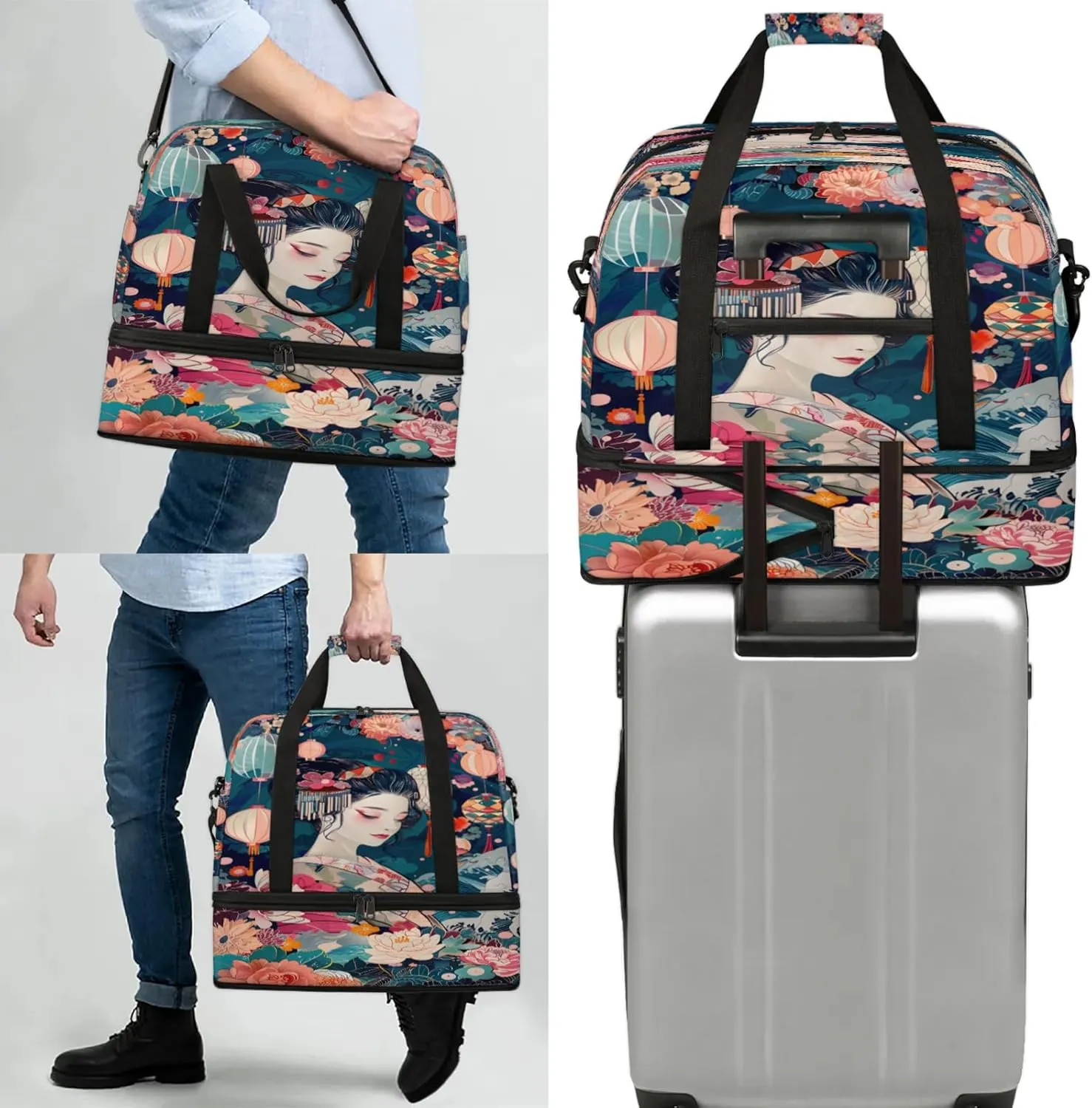 Flower Beautiful Woman Japan Travel Duffel Bags for Women & Men Large Sports Gym Bags Foldie Weekender Overnight Bag Carry On Tote Bag With Shoe Compartment Personal Item Luggage for Travel Sports Gym