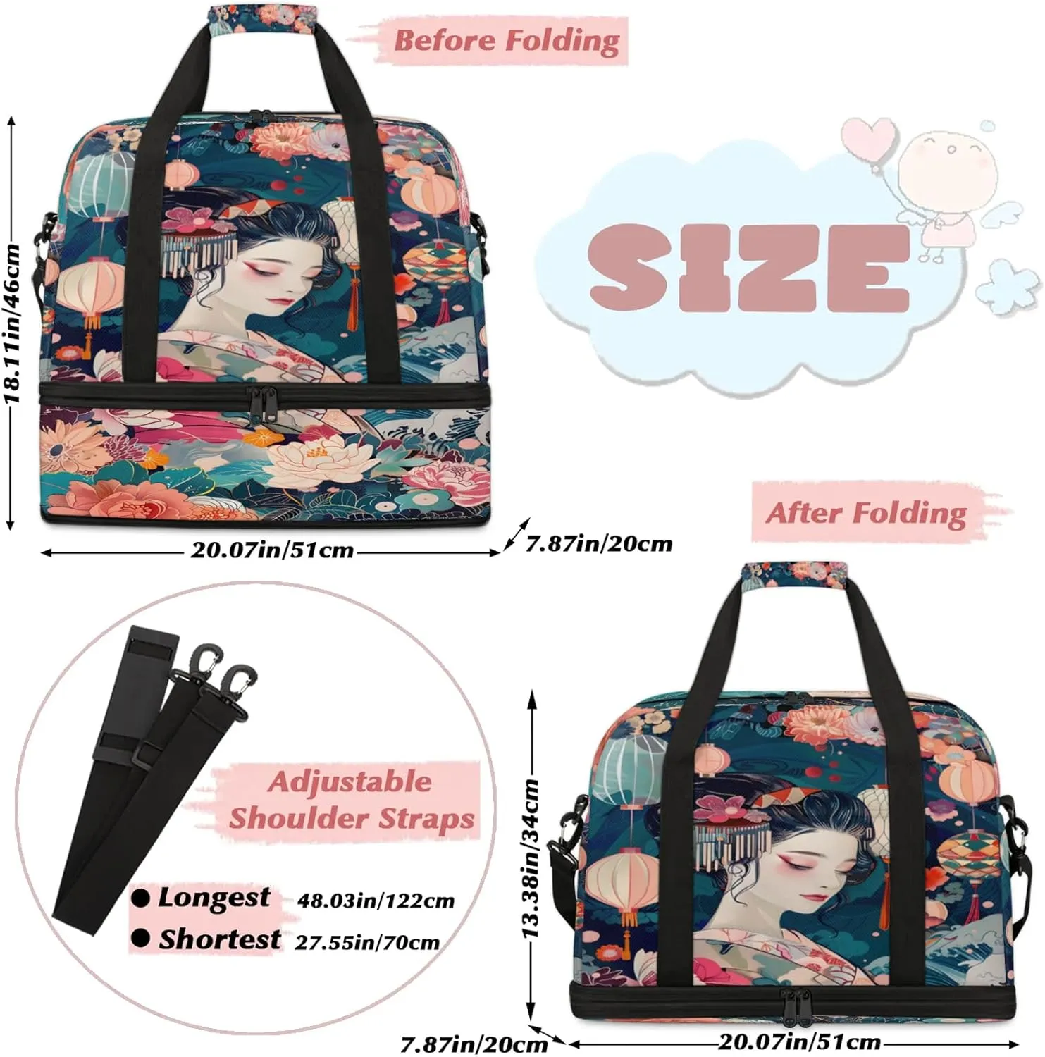 Flower Beautiful Woman Japan Travel Duffel Bags for Women & Men Large Sports Gym Bags Foldie Weekender Overnight Bag Carry On Tote Bag With Shoe Compartment Personal Item Luggage for Travel Sports Gym