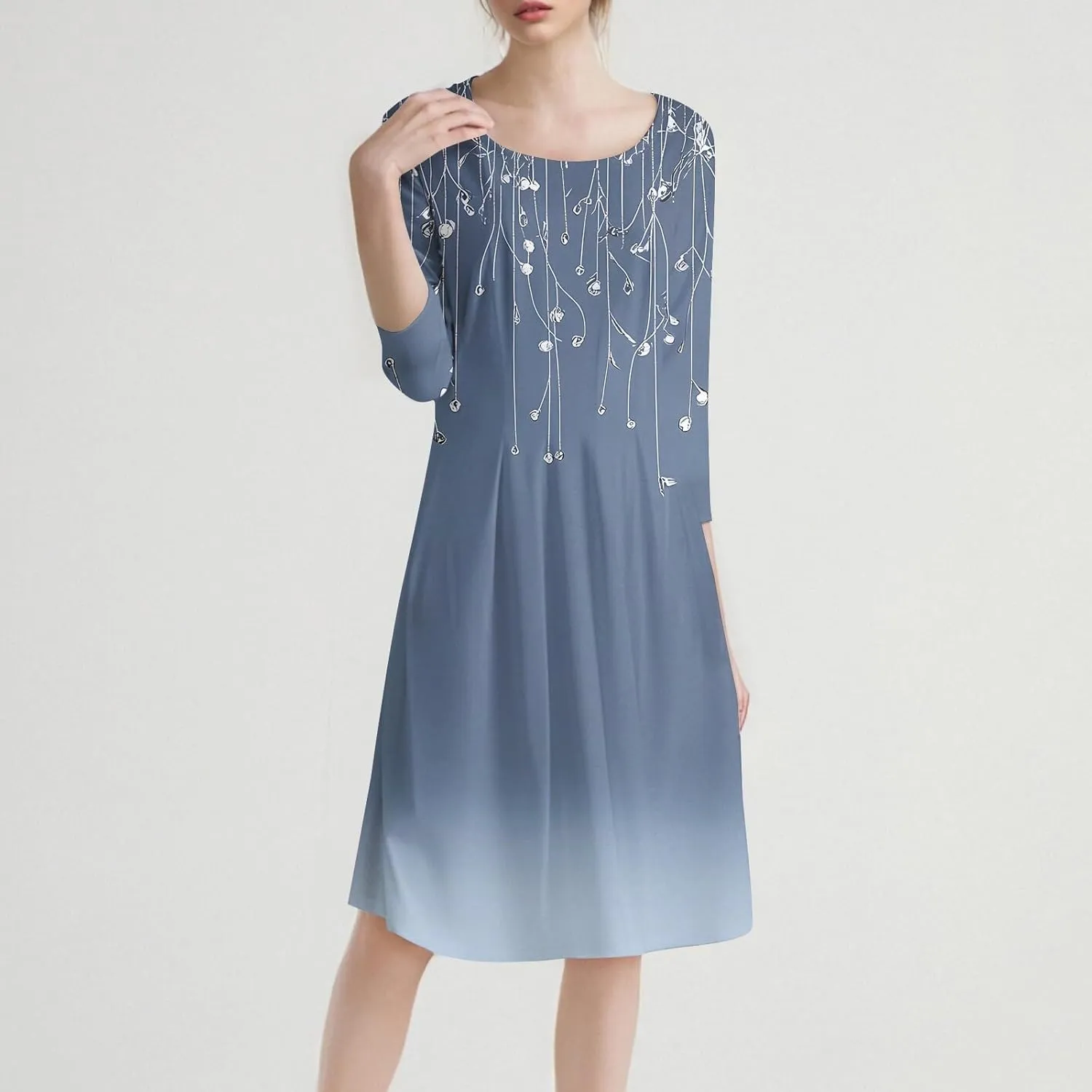 Flower Dresses for Women Crewneck 3/4 Sleeve Floral Midi Aline Pleated Church Dress with Pockets,S-3XL