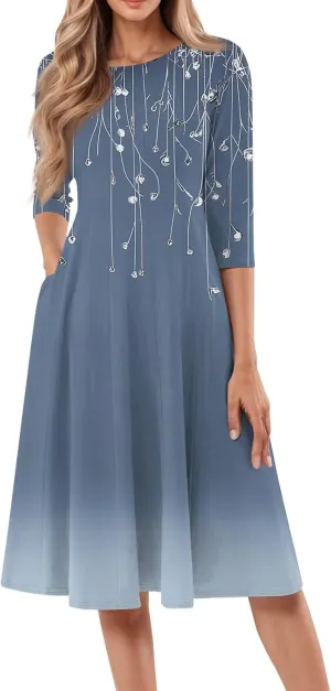 Flower Dresses for Women Crewneck 3/4 Sleeve Floral Midi Aline Pleated Church Dress with Pockets,S-3XL