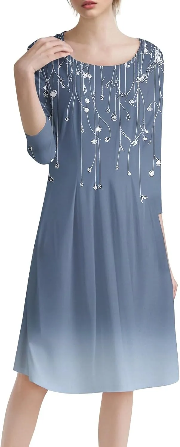 Flower Dresses for Women Crewneck 3/4 Sleeve Floral Midi Aline Pleated Church Dress with Pockets,S-3XL