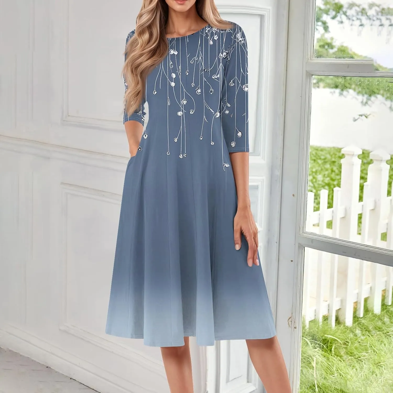 Flower Dresses for Women Crewneck 3/4 Sleeve Floral Midi Aline Pleated Church Dress with Pockets,S-3XL