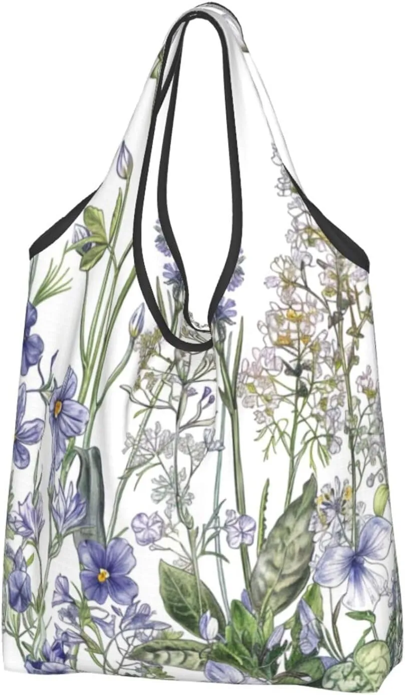 Flowering Herbs and Herbaceous Plants Printed Reusable Shopping Bag 1 Pack Folding Grocery Bags Cloth Tote Bags Cute Washable Shopper Bags