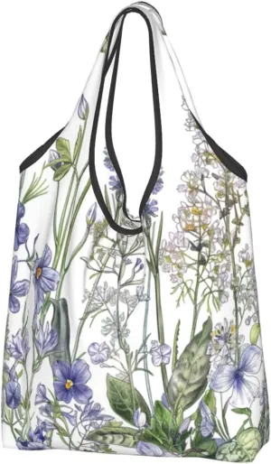 Flowering Herbs and Herbaceous Plants Printed Reusable Shopping Bag 1 Pack Folding Grocery Bags Cloth Tote Bags Cute Washable Shopper Bags