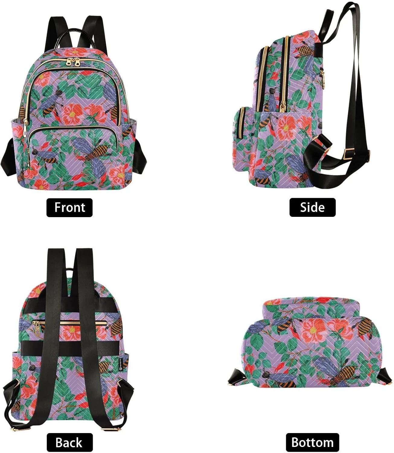 Flowers and Bees Mini Backpack for Women, Travel Backpack Purse Daypack Shoulder Bag for Ladies