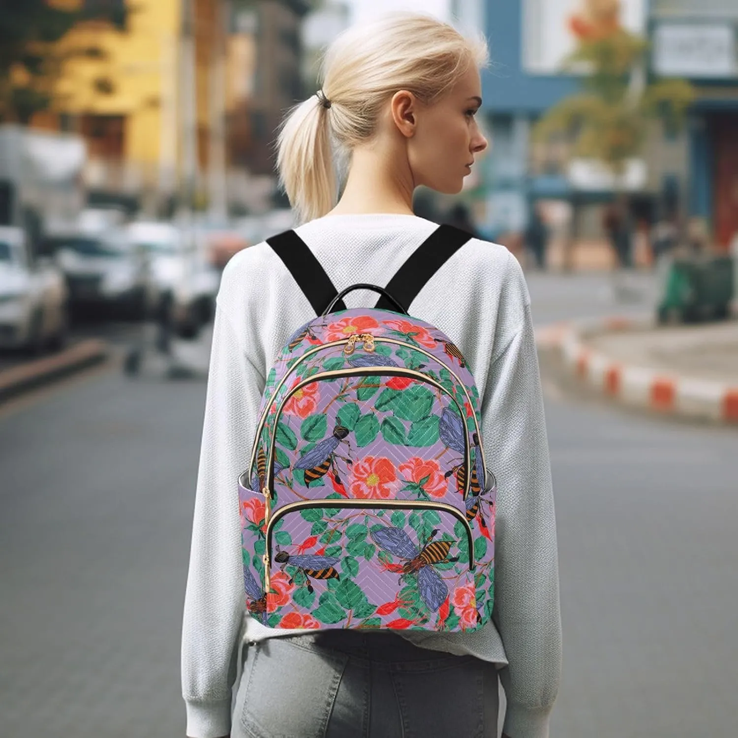 Flowers and Bees Mini Backpack for Women, Travel Backpack Purse Daypack Shoulder Bag for Ladies