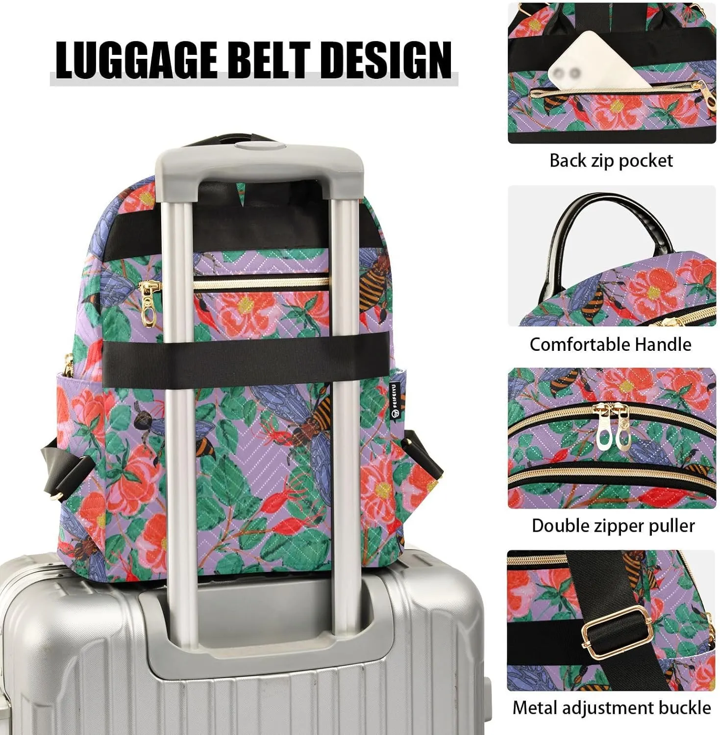 Flowers and Bees Mini Backpack for Women, Travel Backpack Purse Daypack Shoulder Bag for Ladies