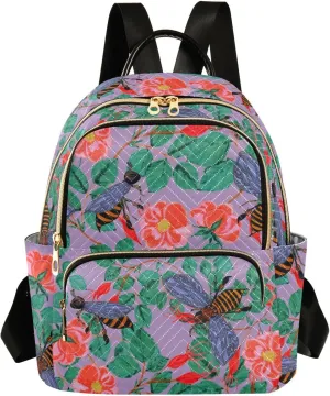 Flowers and Bees Mini Backpack for Women, Travel Backpack Purse Daypack Shoulder Bag for Ladies