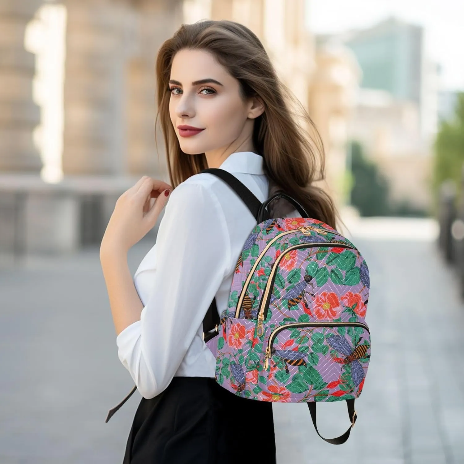 Flowers and Bees Mini Backpack for Women, Travel Backpack Purse Daypack Shoulder Bag for Ladies