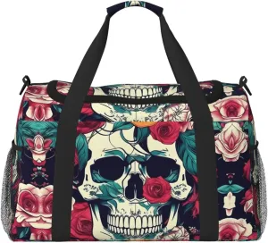 Flowers Skull Ornamental Travel Tote Bag – Large Reusable Shopping Bag, Vacation Tote, Sports Duffel Bag with Adjustable Crossbody Strap