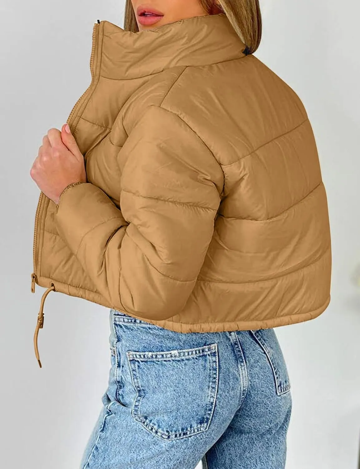 Flygo Women Cropped Puffer Jacket Winter Long Sleeve Quilted Puffy Bubble Padded Short Coats with Drawstring