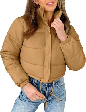 Flygo Women Cropped Puffer Jacket Winter Long Sleeve Quilted Puffy Bubble Padded Short Coats with Drawstring