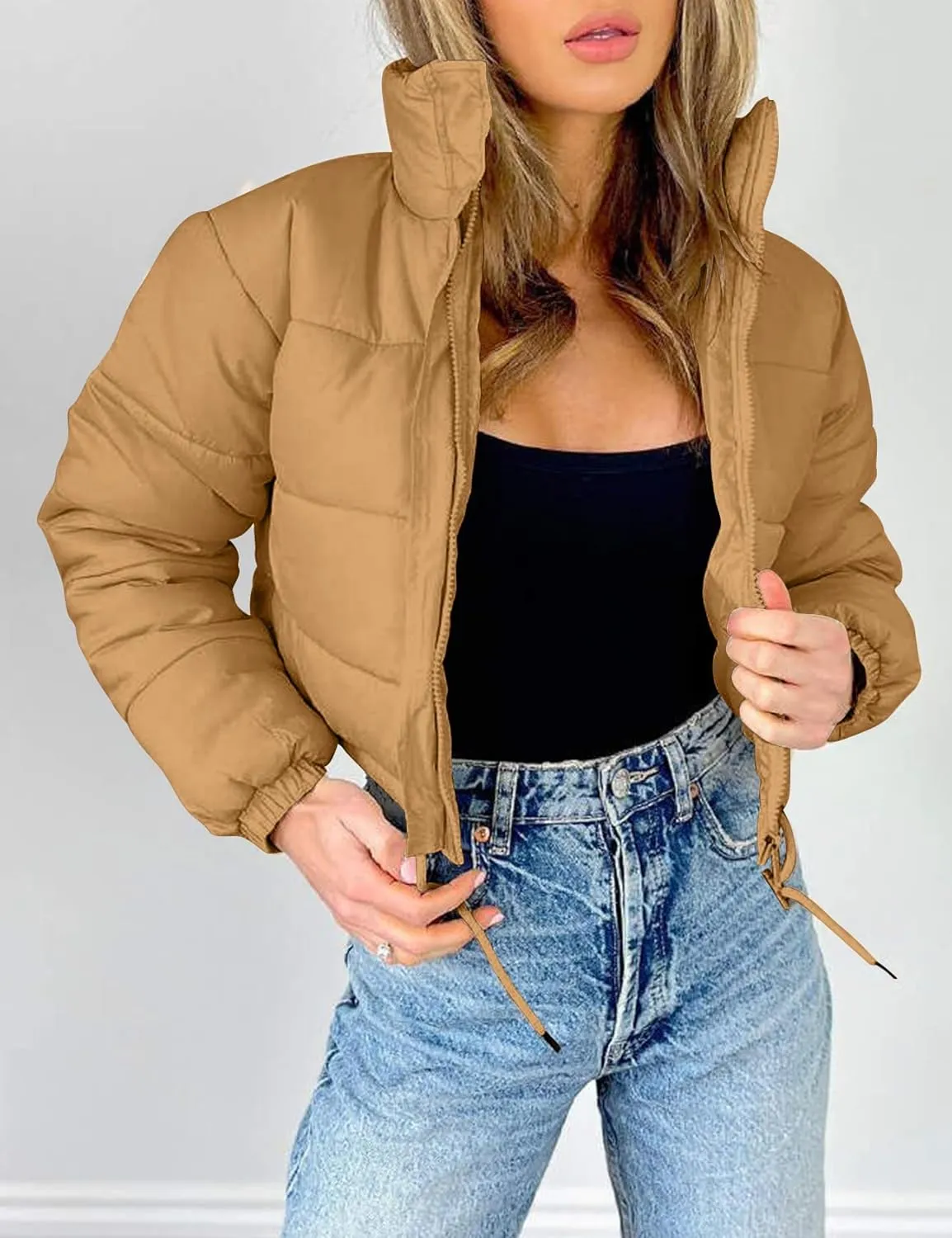 Flygo Women Cropped Puffer Jacket Winter Long Sleeve Quilted Puffy Bubble Padded Short Coats with Drawstring
