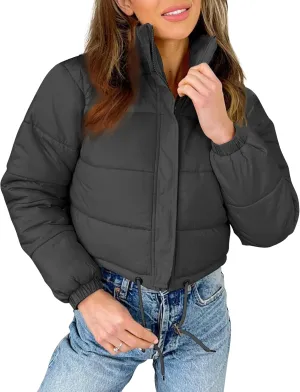 Flygo Women Cropped Puffer Jacket Winter Long Sleeve Quilted Puffy Bubble Padded Short Coats with Drawstring