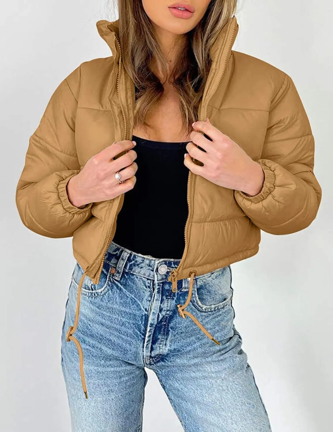 Flygo Women Cropped Puffer Jacket Winter Long Sleeve Quilted Puffy Bubble Padded Short Coats with Drawstring