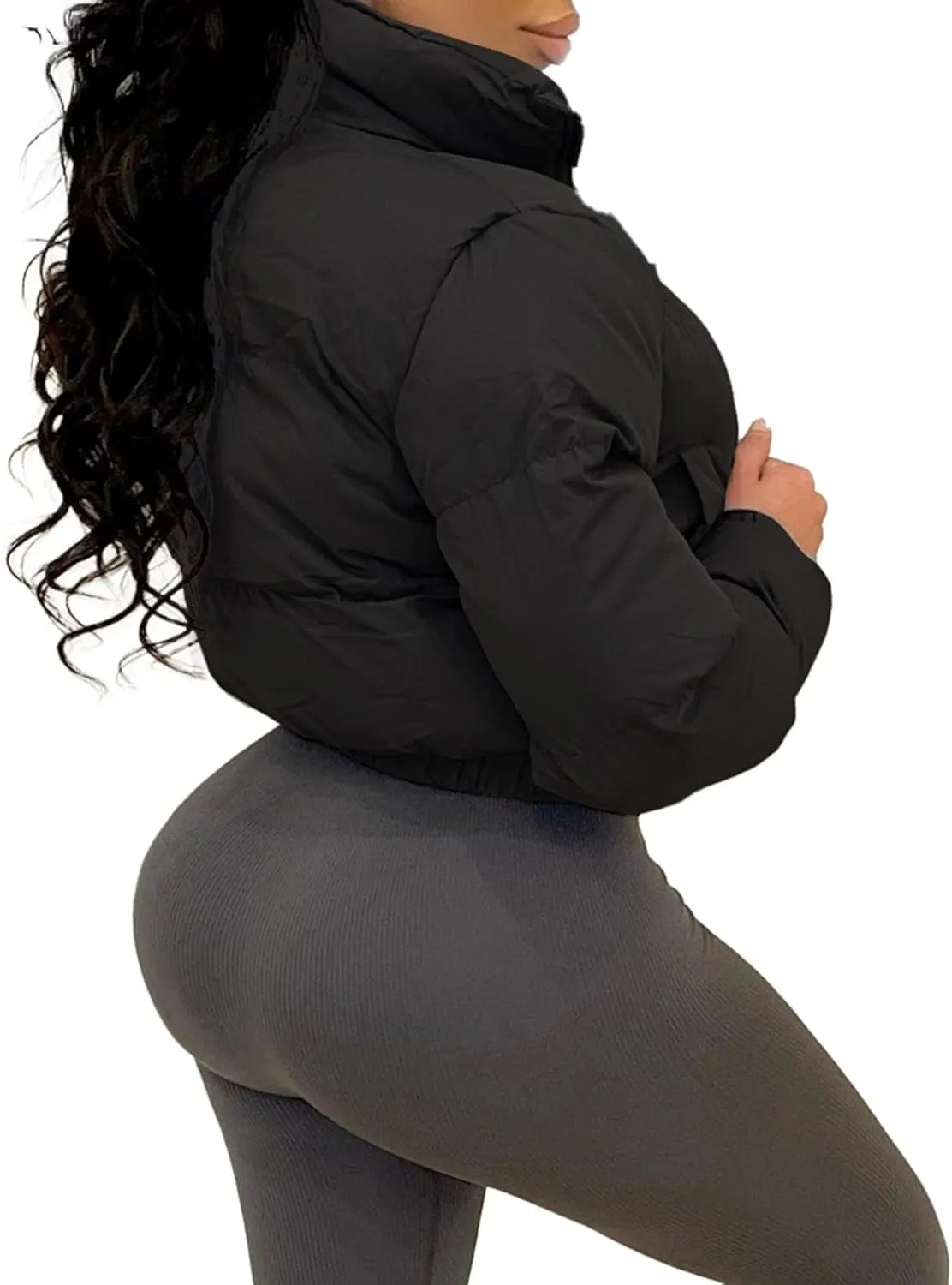 Flygo Women Cropped Quilted Puffer Jacket Winter Fashion Long Sleeve Bubble Short Down Coat
