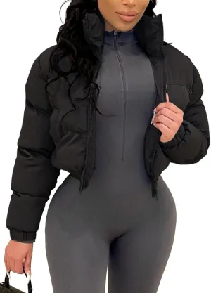 Flygo Women Cropped Quilted Puffer Jacket Winter Fashion Long Sleeve Bubble Short Down Coat