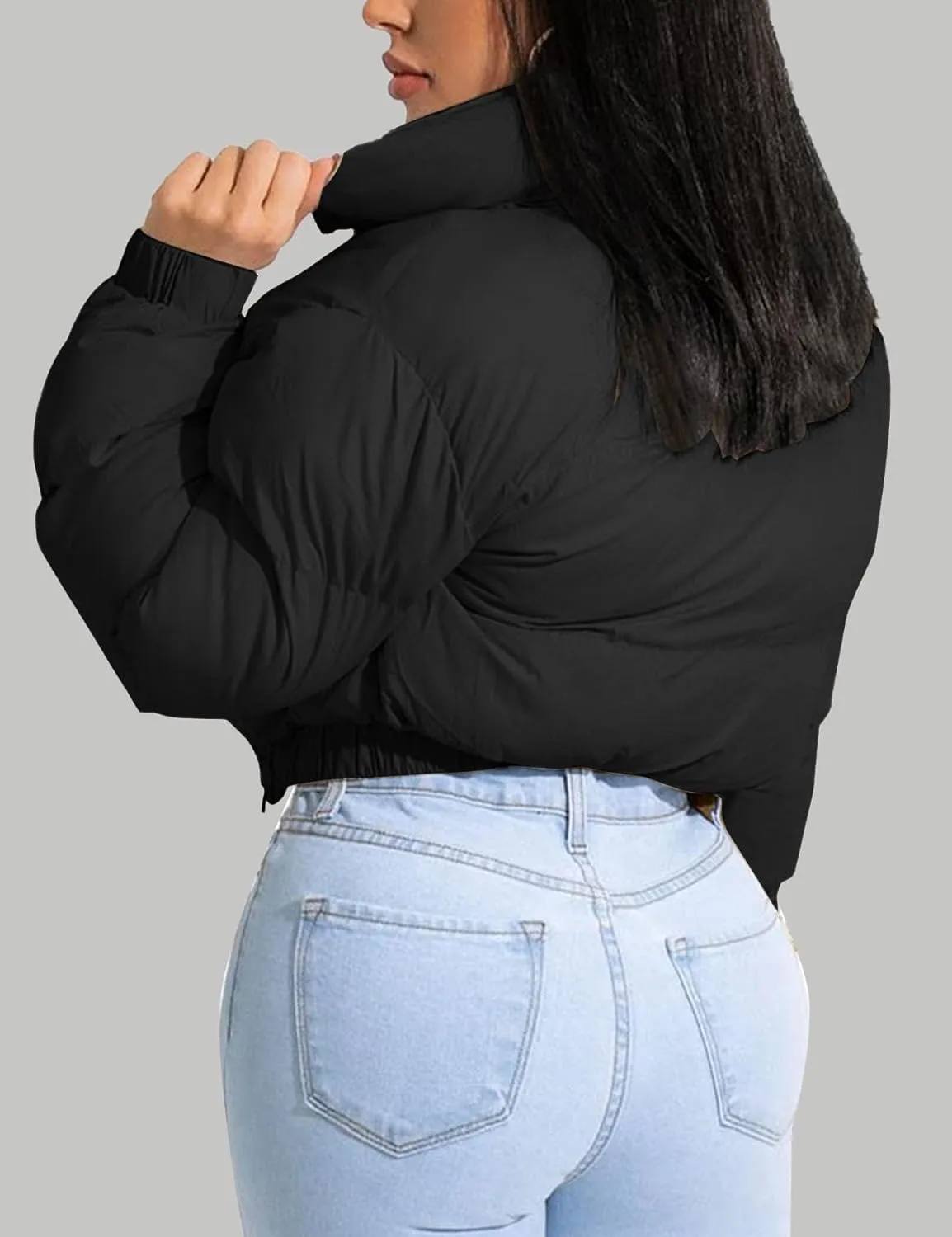 Flygo Women Cropped Quilted Puffer Jacket Winter Fashion Long Sleeve Bubble Short Down Coat