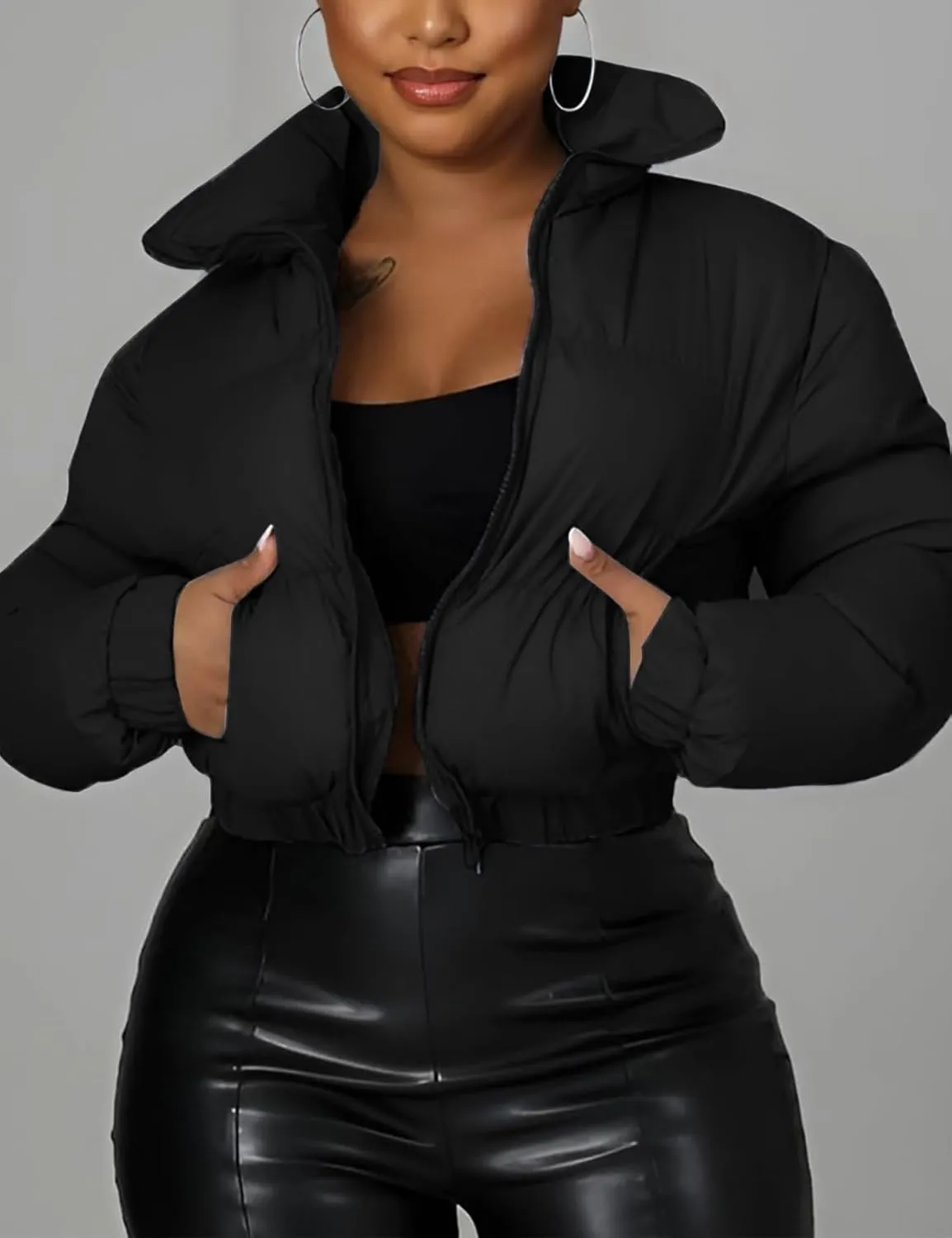 Flygo Women Cropped Quilted Puffer Jacket Winter Fashion Long Sleeve Bubble Short Down Coat
