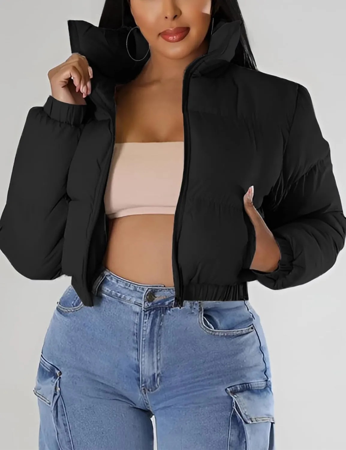 Flygo Women Cropped Quilted Puffer Jacket Winter Fashion Long Sleeve Bubble Short Down Coat