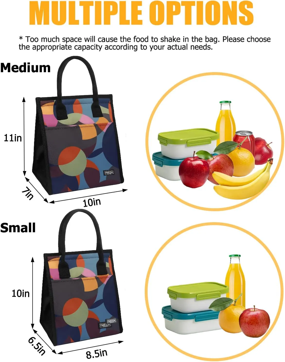 Fmeida Insulated Lunch Bag Women, Thermal Lunch Tote Bag, Reusable Lunch Box Bags for Women Lady | Front&Side&Inside Pockets Medium Colorful Circle