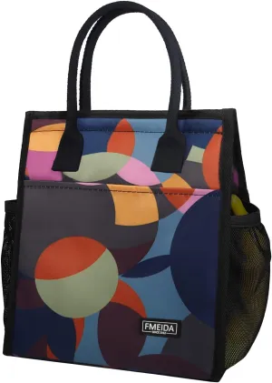 Fmeida Insulated Lunch Bag Women, Thermal Lunch Tote Bag, Reusable Lunch Box Bags for Women Lady | Front&Side&Inside Pockets Medium Colorful Circle