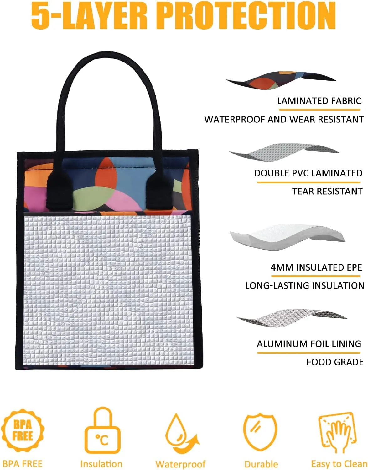 Fmeida Insulated Lunch Bag Women, Thermal Lunch Tote Bag, Reusable Lunch Box Bags for Women Lady | Front&Side&Inside Pockets Medium Colorful Circle