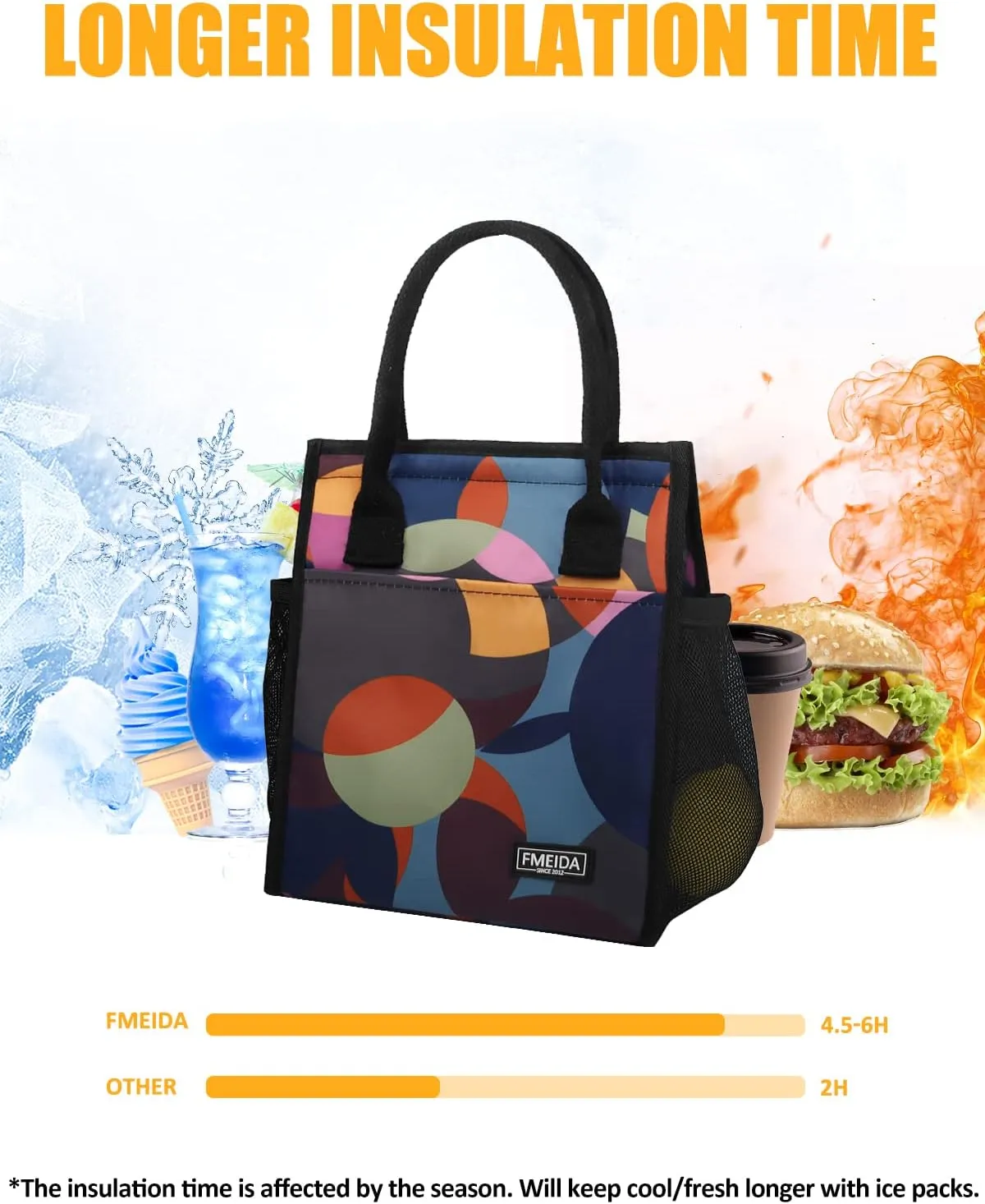 Fmeida Insulated Lunch Bag Women, Thermal Lunch Tote Bag, Reusable Lunch Box Bags for Women Lady | Front&Side&Inside Pockets Medium Colorful Circle