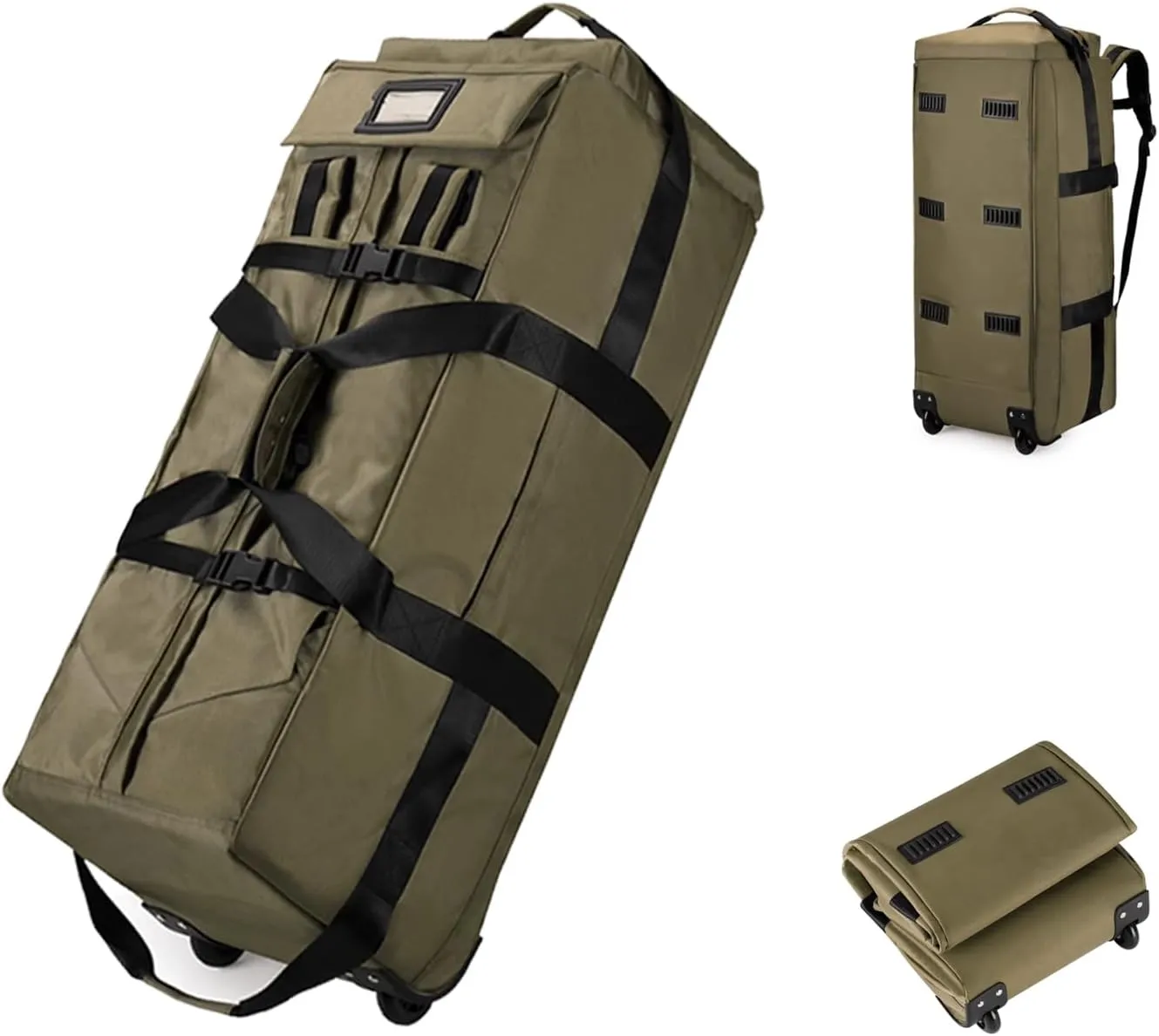 Foldable Duffel Backpack with Wheels.80L Rolling Duffle Bag Luggage Suitcase Outdoor Sports Carry On Garment Bags for Travel Camp (Green)
