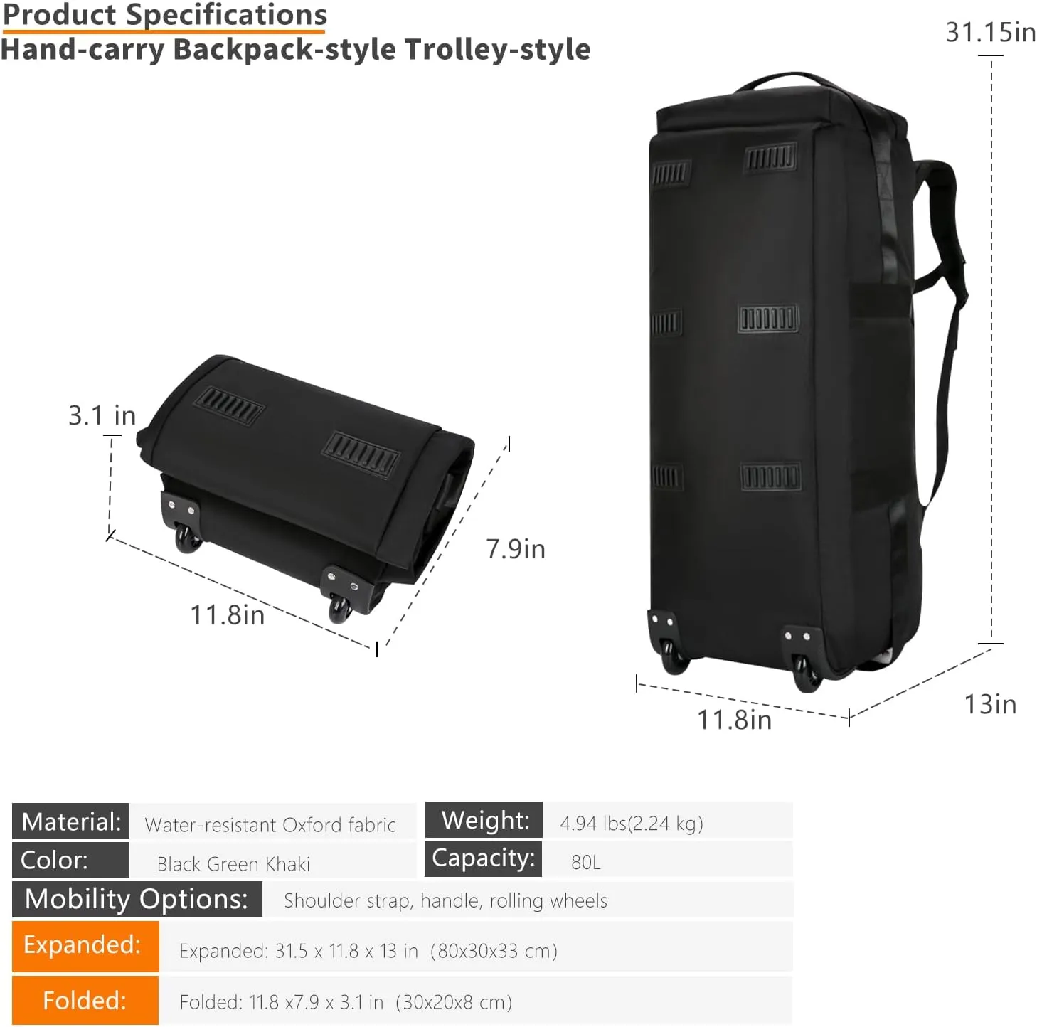Foldable Duffel Backpack with Wheels.80L Rolling Duffle Bag Luggage Suitcase Outdoor Sports Carry On Garment Bags for Travel Camp (Green)