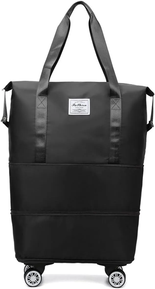 Foldable Duffle Travel Bag with Wheels, Expandable Rolling Duffle Suitcase, Detachable Rolling Luggage Wheels, Carry-on Large Duffel Bag, Suit Gym, Camping or Business Trip (Black)