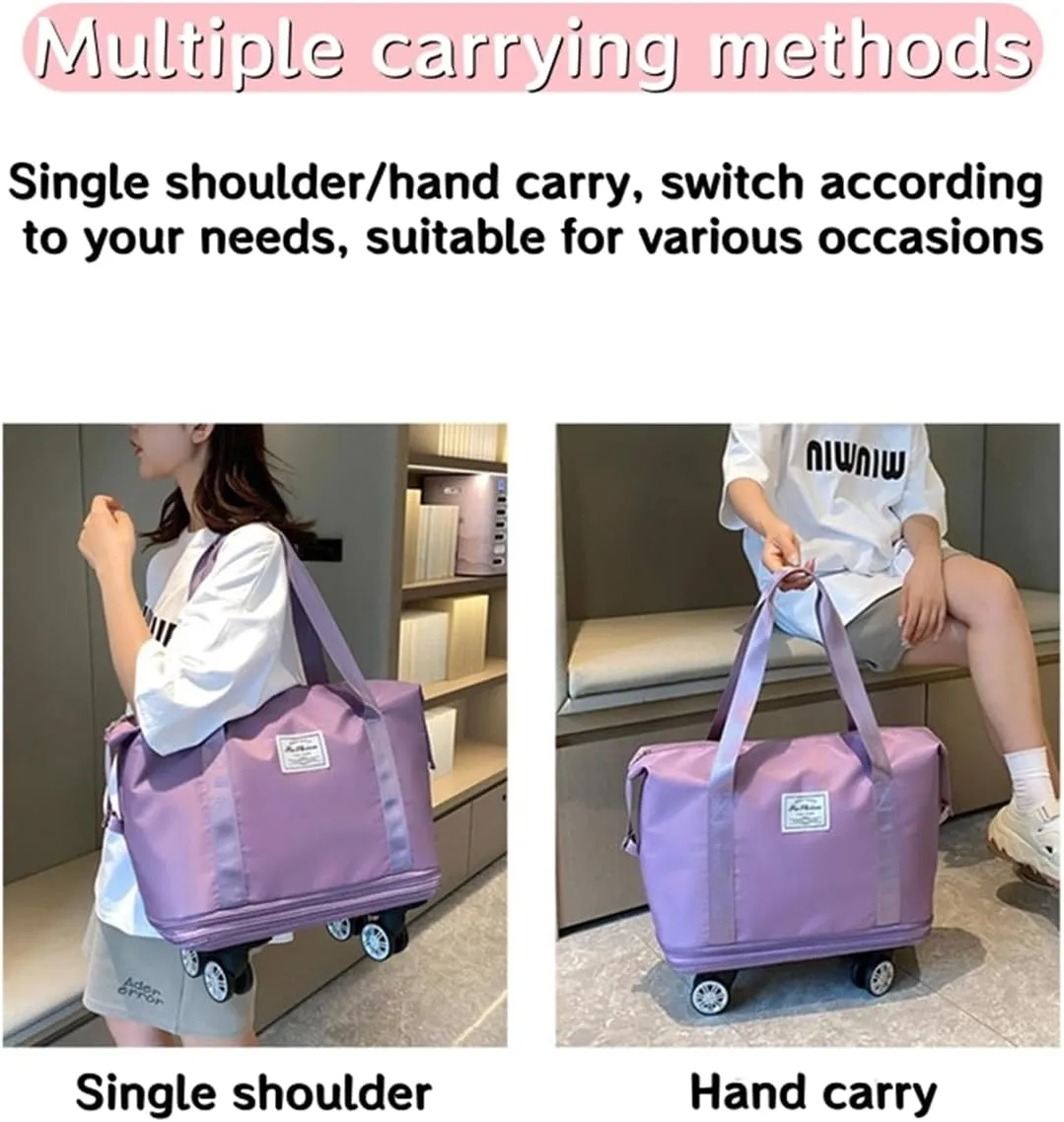 Foldable Duffle Travel Bag with Wheels, Expandable Rolling Duffle Suitcase, Detachable Rolling Luggage Wheels, Carry-on Large Duffel Bag, Suit Gym, Camping or Business Trip (Black)