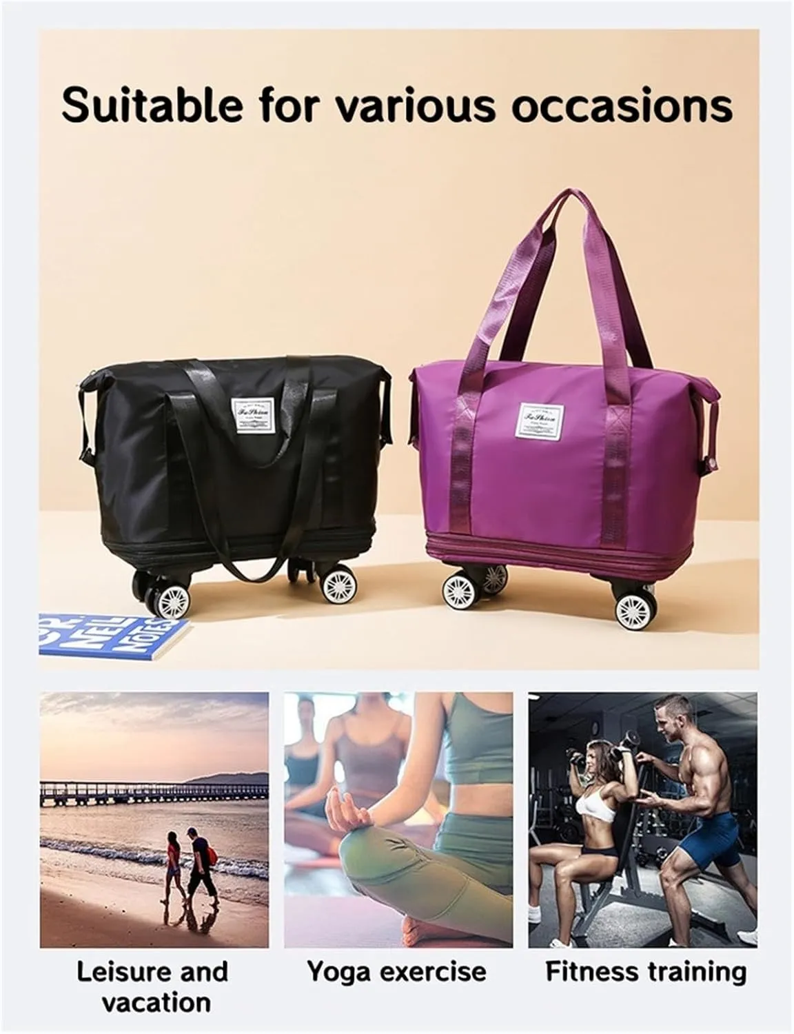 Foldable Duffle Travel Bag with Wheels, Expandable Rolling Duffle Suitcase, Detachable Rolling Luggage Wheels, Carry-on Large Duffel Bag, Suit Gym, Camping or Business Trip (Black)