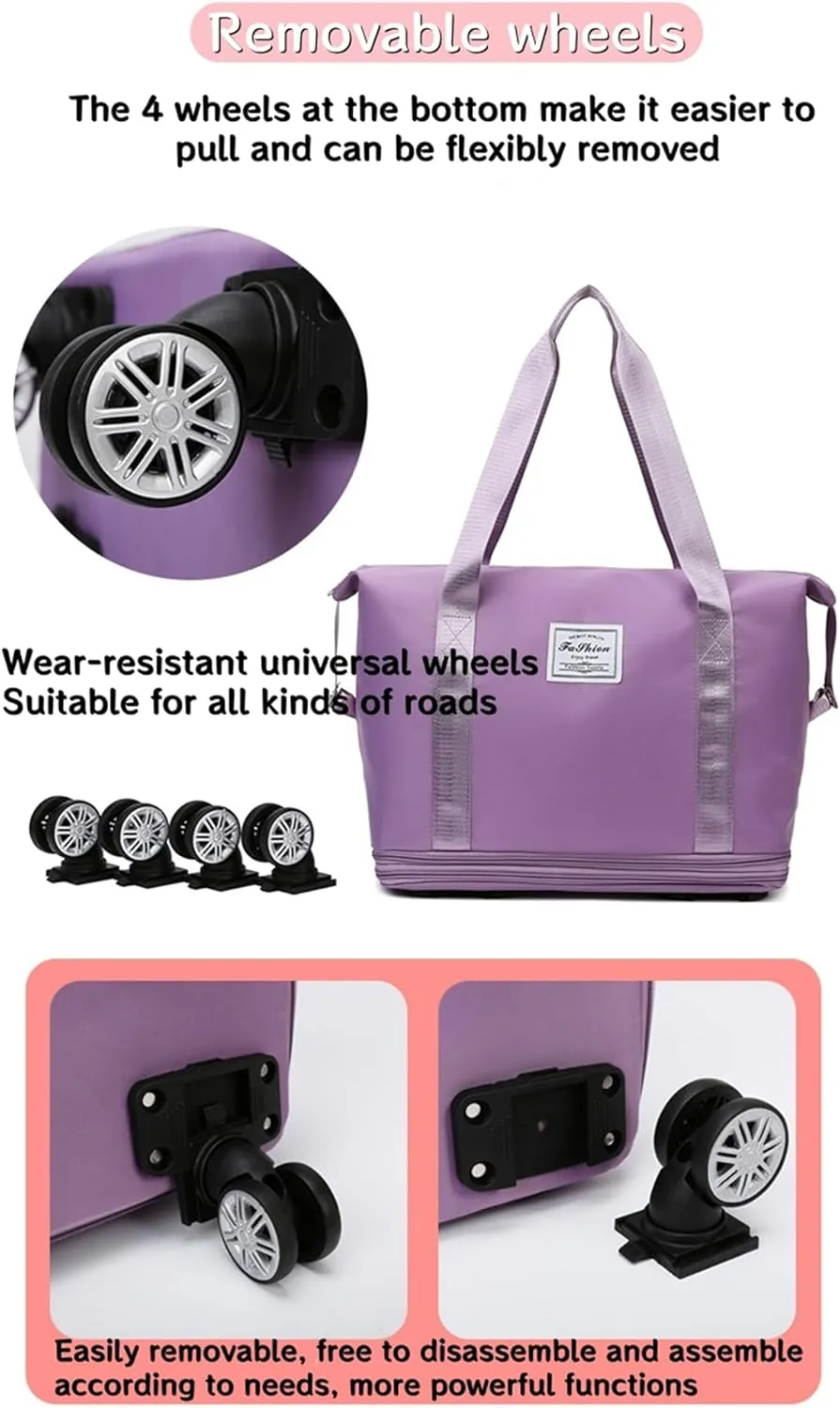 Foldable Duffle Travel Bag with Wheels, Expandable Rolling Duffle Suitcase, Detachable Rolling Luggage Wheels, Carry-on Large Duffel Bag, Suit Gym, Camping or Business Trip (Black)