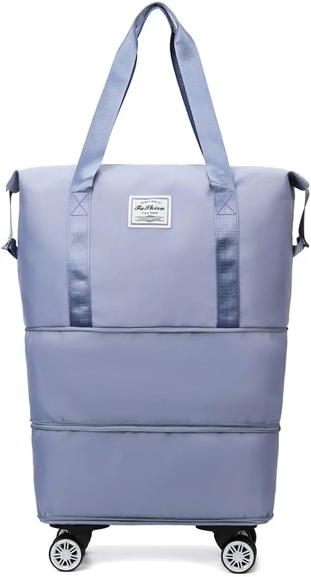 Foldable Duffle Travel Bag with Wheels, Expandable Rolling Duffle Suitcase, Detachable Rolling Luggage Wheels, Carry-on Large Duffel Bag, Suit Gym, Camping or Business Trip (Blue)