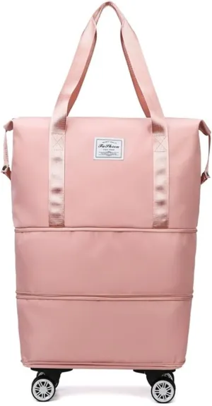 Foldable Duffle Travel Bag with Wheels, Expandable Rolling Duffle Suitcase, Detachable Rolling Luggage Wheels, Carry-on Large Duffel Bag, Suit Gym, Camping or Business Trip (Pink)